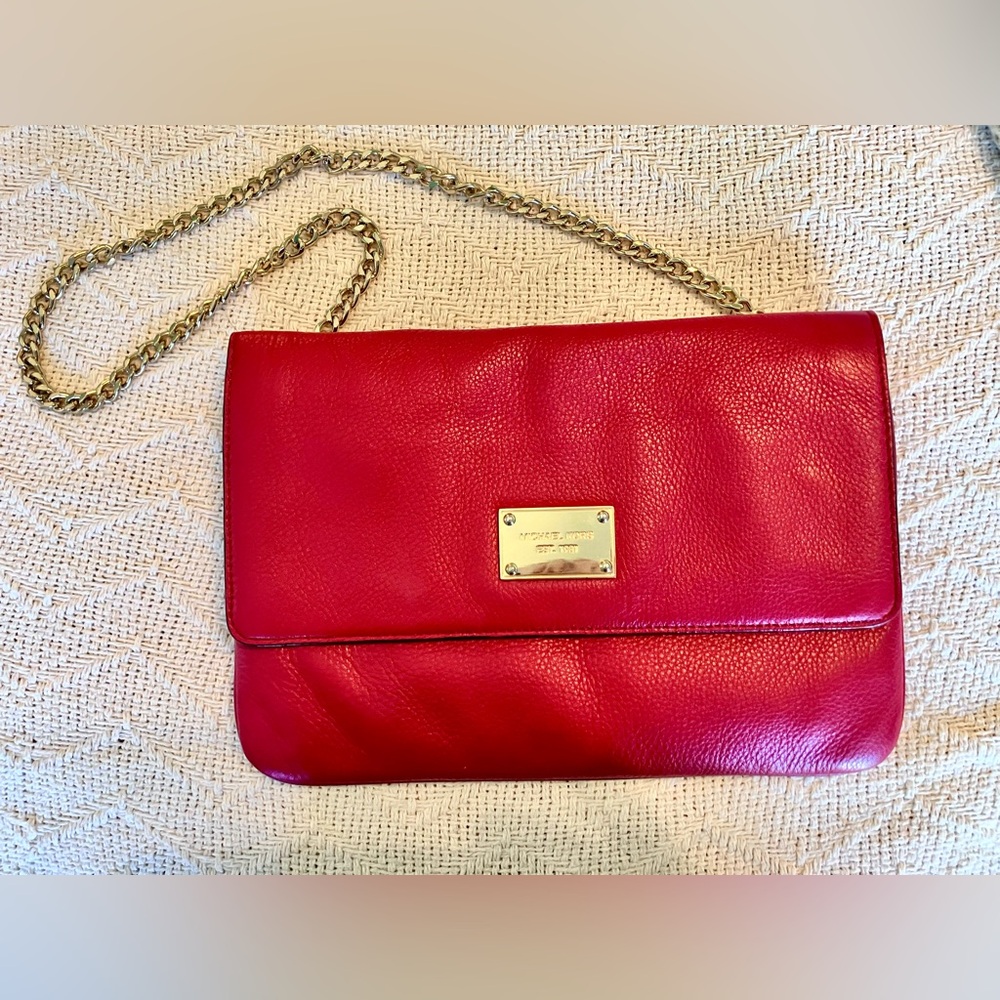 Michael Kors candy Apple Red Leather Clutch with Gold Accents